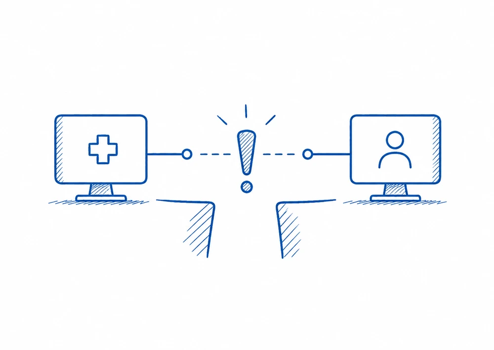 Hand-drawn illustration of two healthcare systems separated by a gap