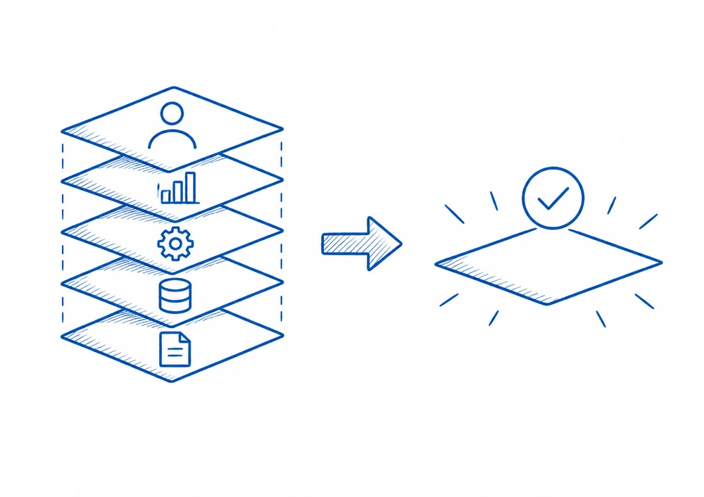 Hand-drawn illustration of multiple stacked layers simplified into a single connected one