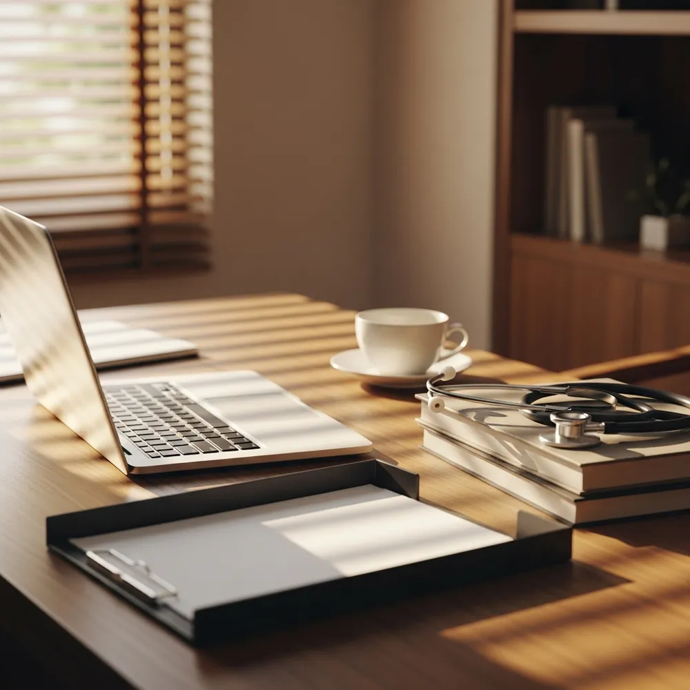 A tidy physician's desk in morning light with a closed laptop, a nearly empty document tray, coffee, and a stethoscope