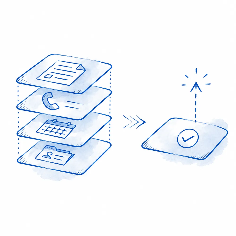 Hand-drawn illustration of four stacked system layers (records, phone, calendar, patient file) consolidating into a single resolved layer with a checkmark